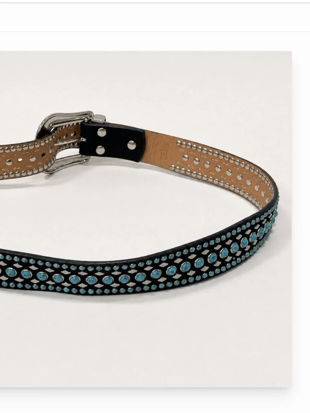 Nocona Black Leather Western Belt Large Turquoise Beaded Studded Floral Buckle